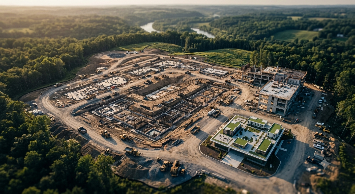 Aerial view of development site / architectural rendering